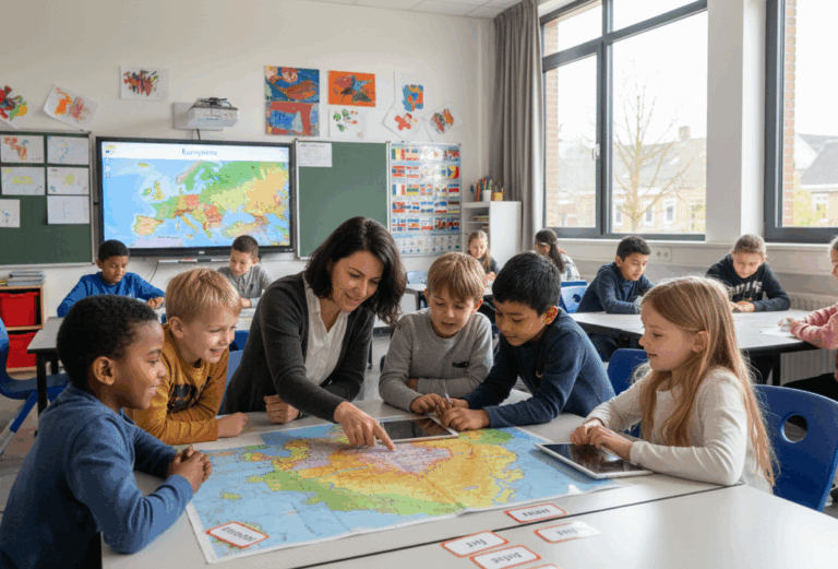 Мультикультурный класс в бельгийской школе с детьми разных национальностей за учебой