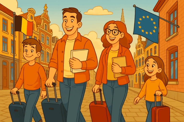 Семья иммигрантов с документами на улице бельгийского города