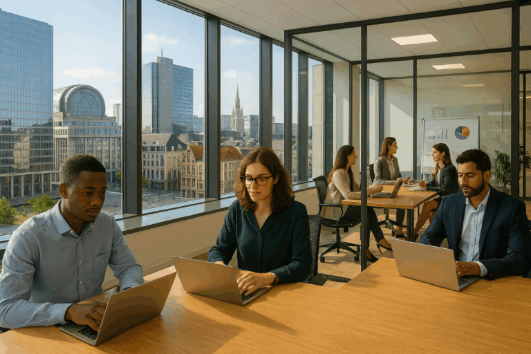 Современный офис в Брюсселе с международной командой специалистов за работой