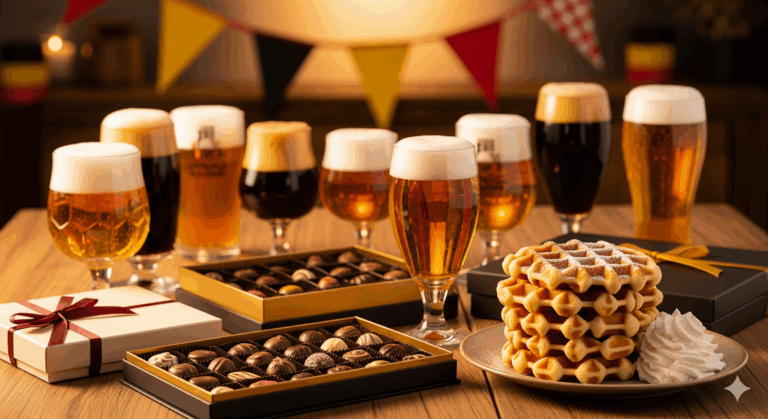 Бельгийские традиции: пиво, шоколад и вафли на деревянном столе