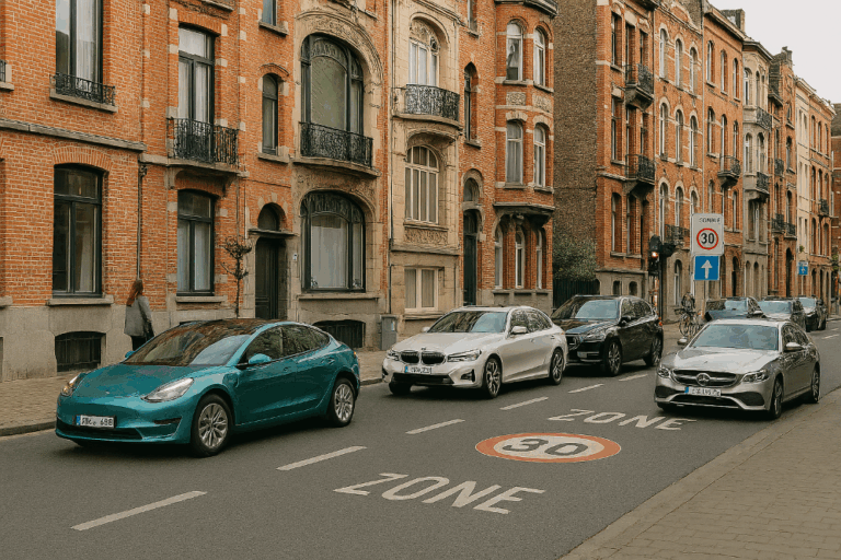 Типичная бельгийская улица с припаркованными автомобилями различных марок и дорожными знаками на двух языках