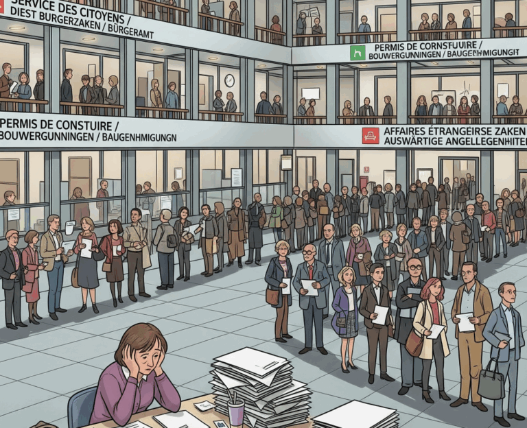 Административное здание коммуны в Бельгии с очередями и документами