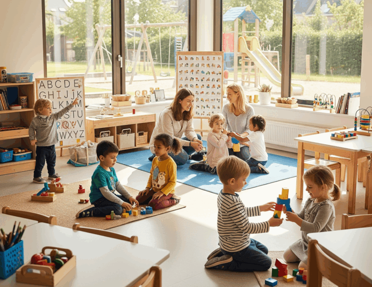 Дети разных национальностей играют вместе в бельгийском детском саду, включая русскоязычных детей, с воспитательницей в современной образовательной среде