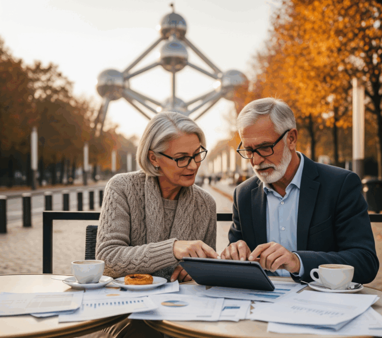 Пенсионеры в Бельгии изучают пенсионные документы в кафе в Брюсселе