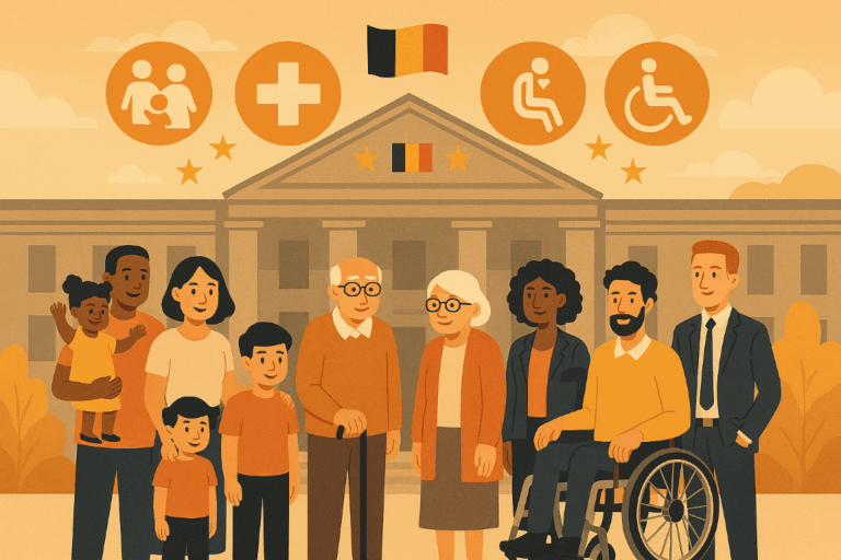 Люди разных возрастов получают социальные пособия в Бельгии на фоне правительственного здания