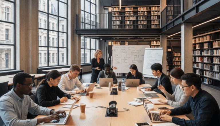 Международные студенты в библиотеке бельгийского университета за учебой